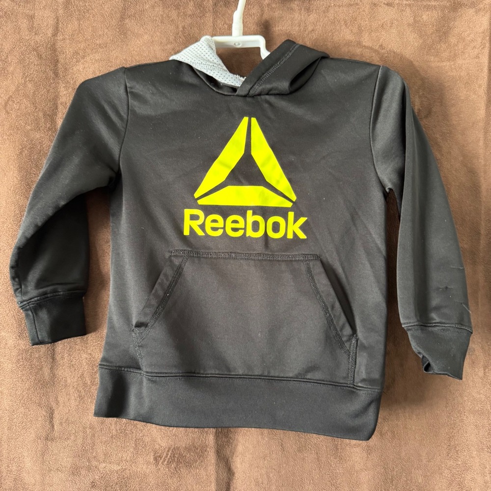 Reebok‎ Boys Black Neon Yellow Logo Performance Hoodie Sweatshirt Size XS 4/5